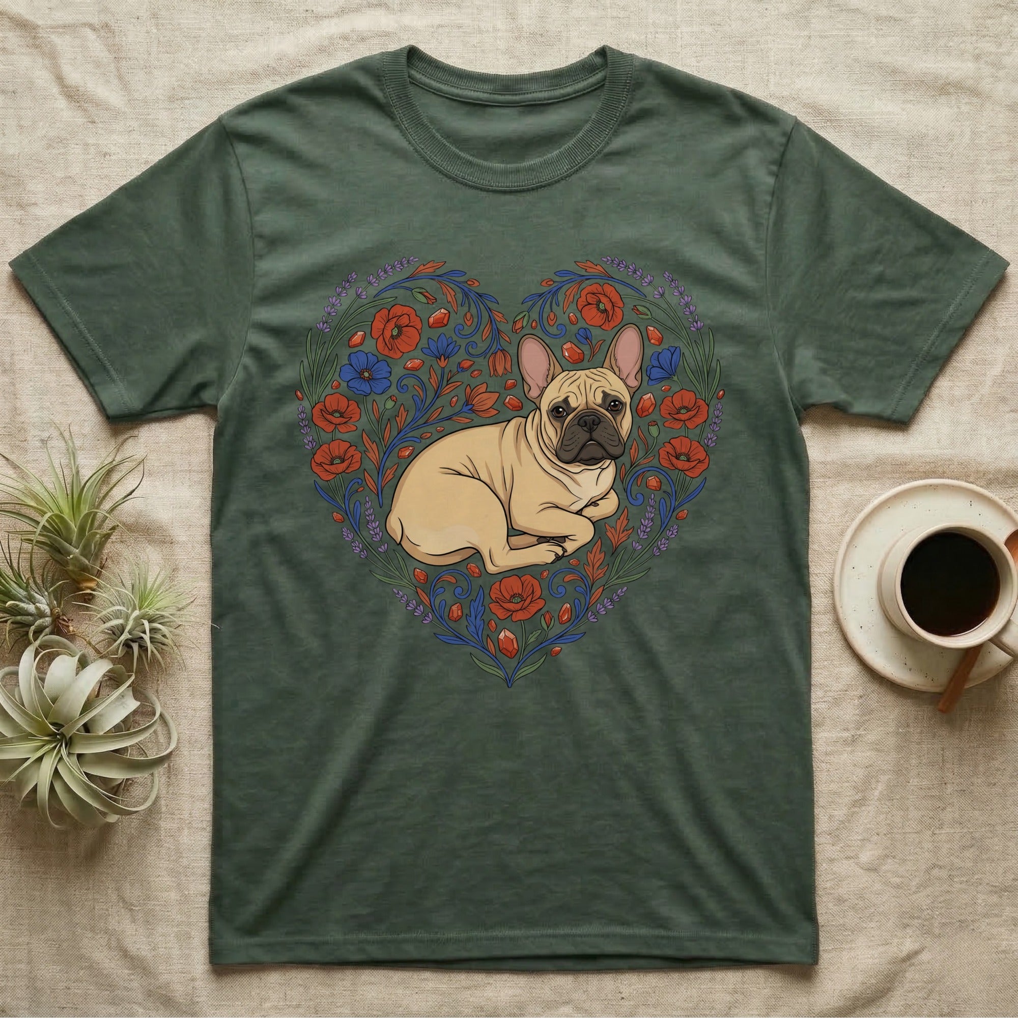 French bulldog illustration within a floral heart design on a green t-shirt.
