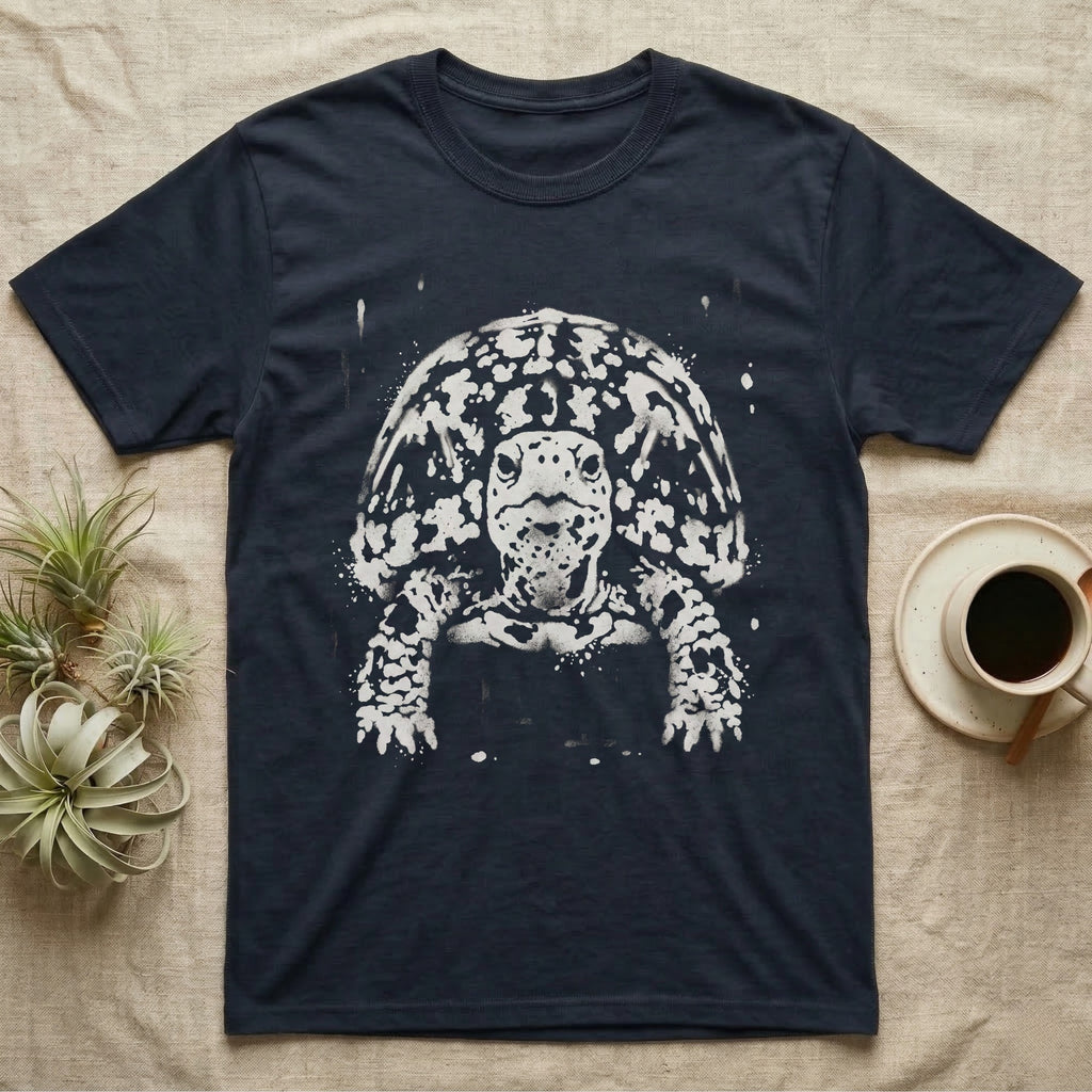Eastern Box Turtle Bleach T-Shirt in Navy — Eastern box turtle facing forward, its domed shell and legs emerging from pale bleach spatter on a black ground.