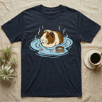 Guinea pig relaxing in a hot spring with a small wooden bucket.