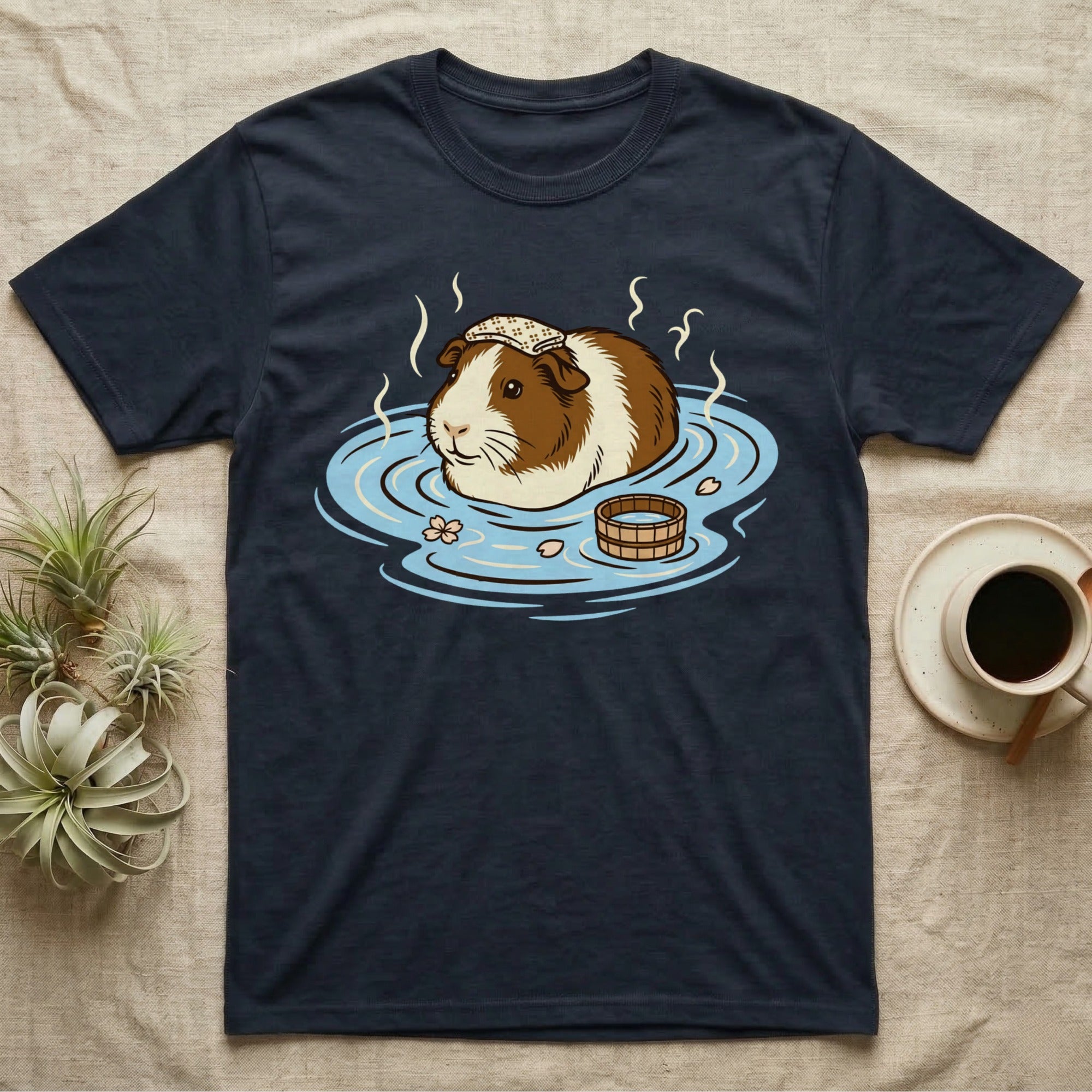 Guinea pig relaxing in a hot spring with a small wooden bucket.