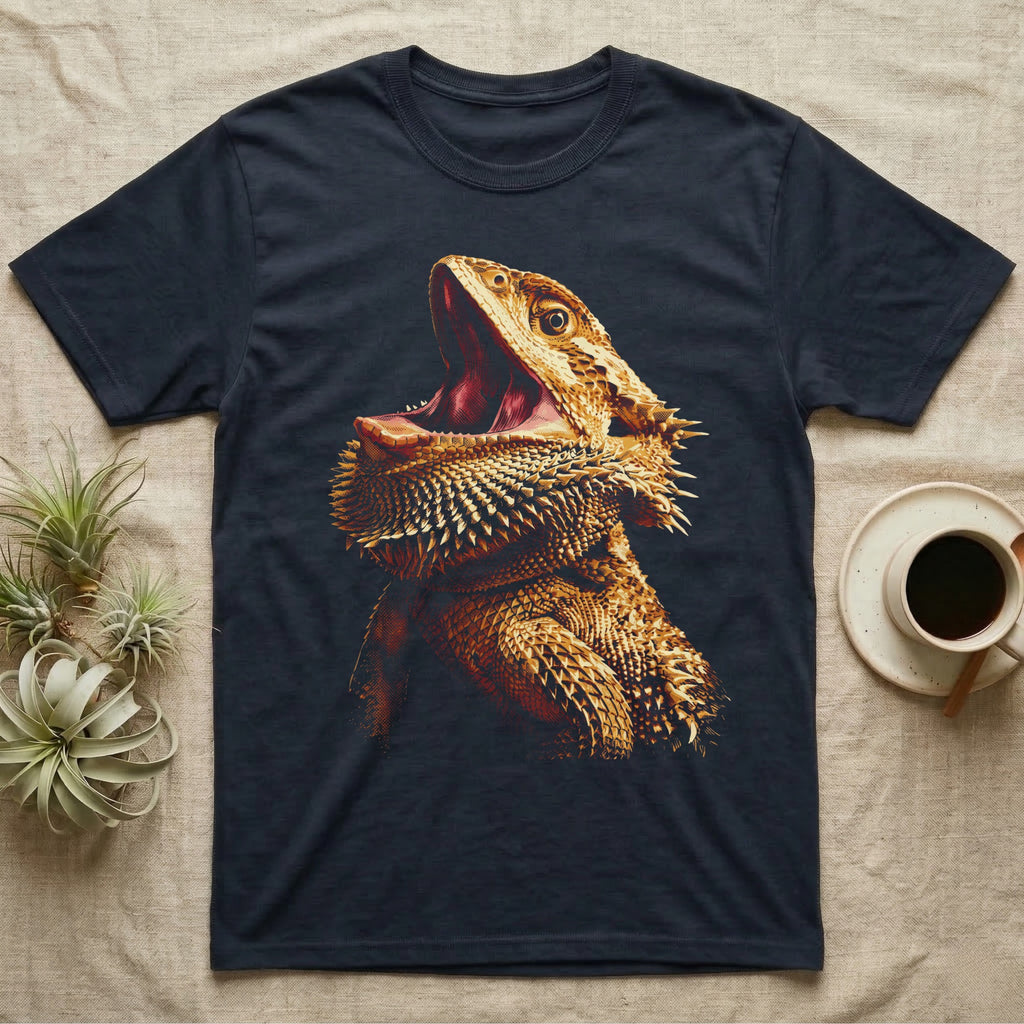 Vintage comic screen-print illustration of a bearded dragon with mouth open wide and beard fully flared, graphic-only, no text. — shown on a Navy tee.