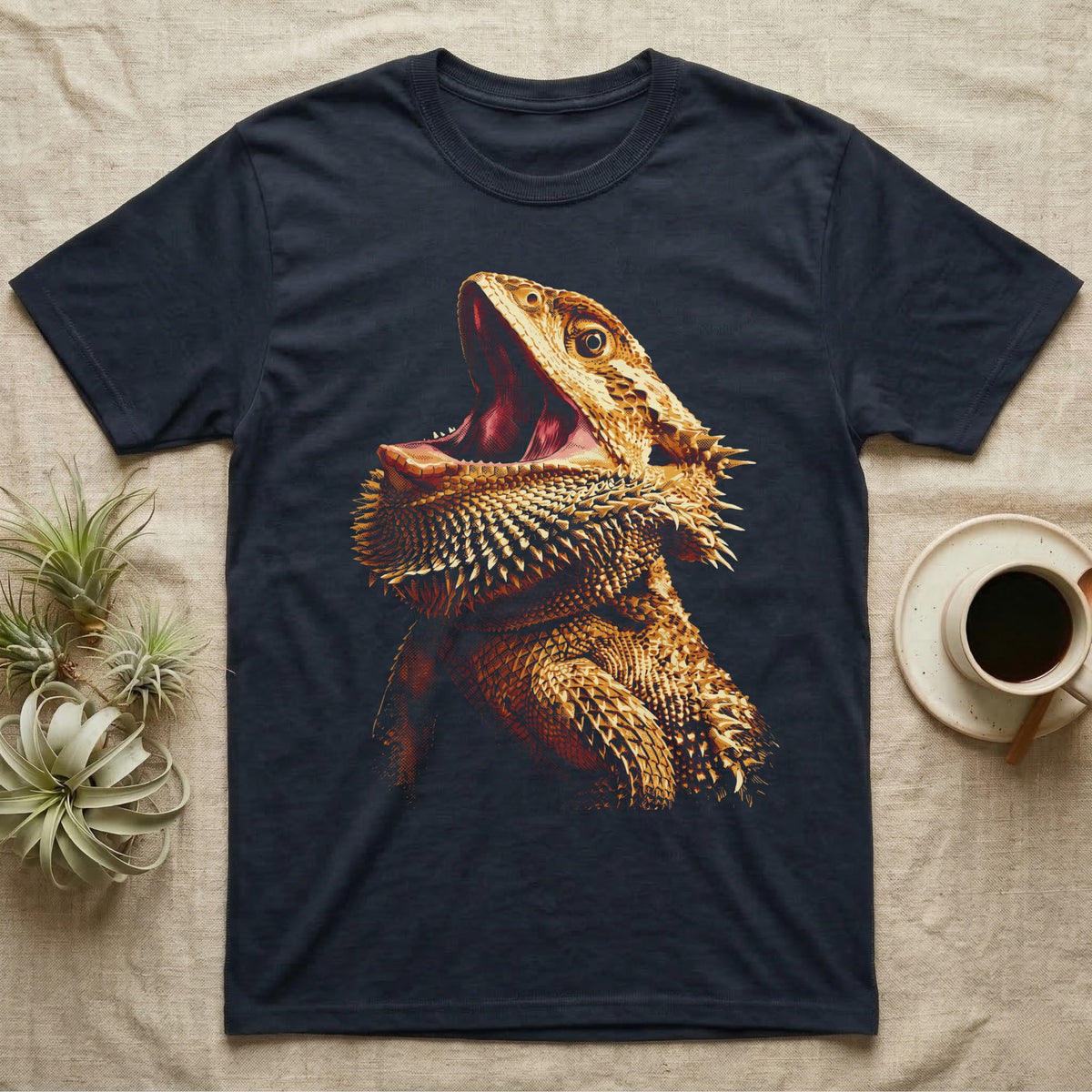 Vintage comic screen-print illustration of a bearded dragon with mouth open wide and beard fully flared, graphic-only, no text. — shown on a Navy tee.