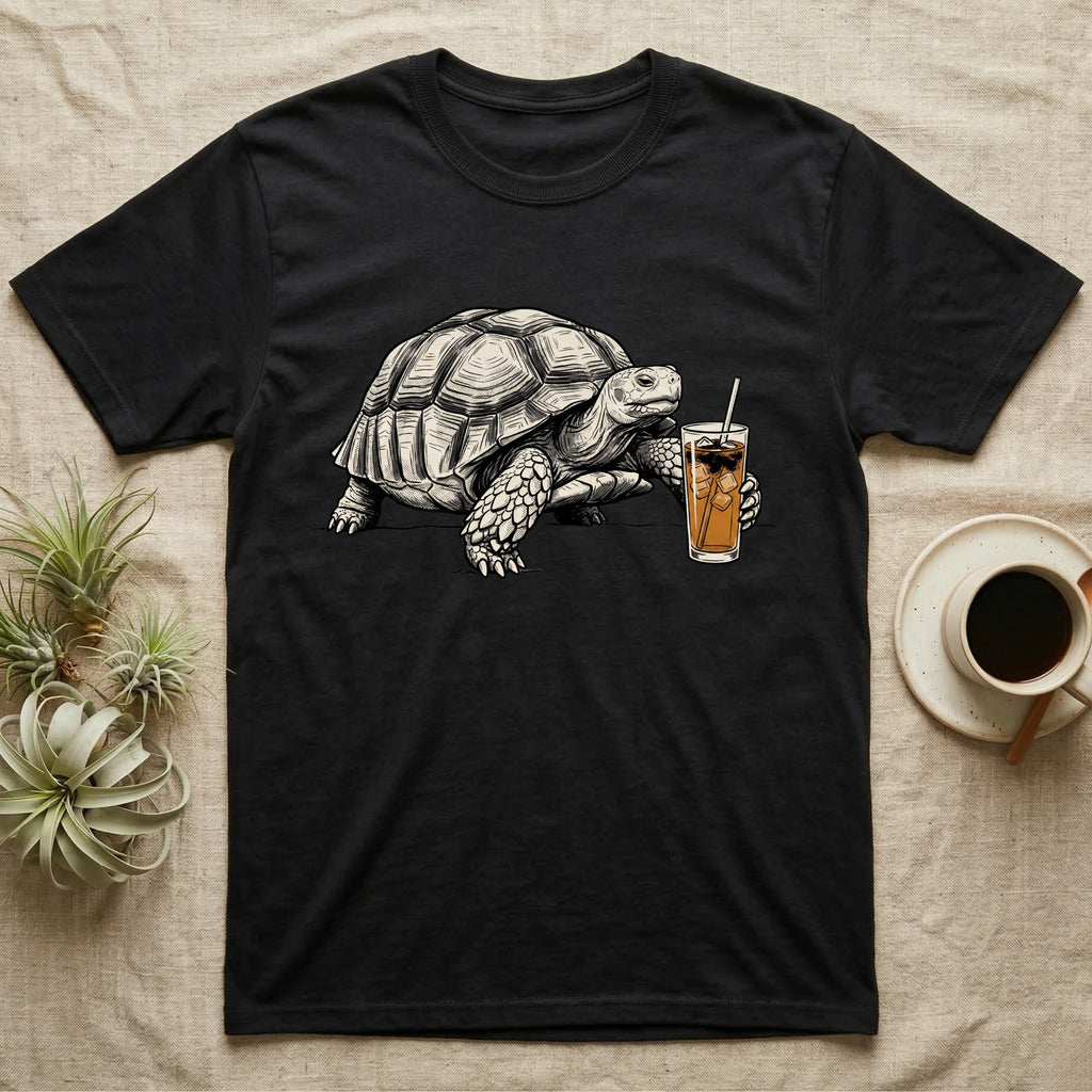 Slow Drip Tortoise T-Shirt in Black — Flat meme-style illustration of a sulcata tortoise reaching slowly toward a tall iced slow-drip coffee.