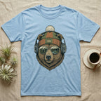 T-shirt graphic: bear wearing headphones, sunglasses, and a beanie, with a forest scene in its sunglasses.