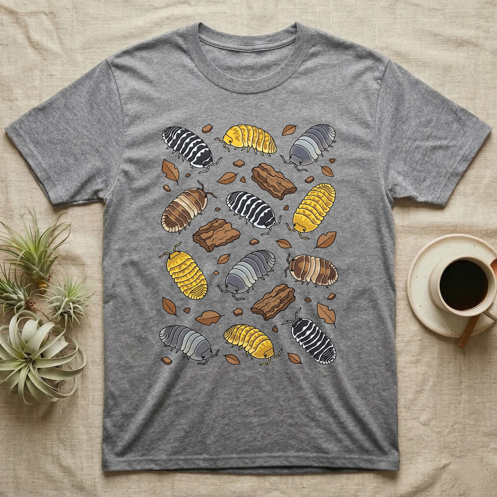 Cubaris Isopod Morphs T-Shirt in Sport Grey — Vector illustration of scattered Cubaris isopod morphs including Panda King, Jupiter, Cappuccino and Zebra on grey.