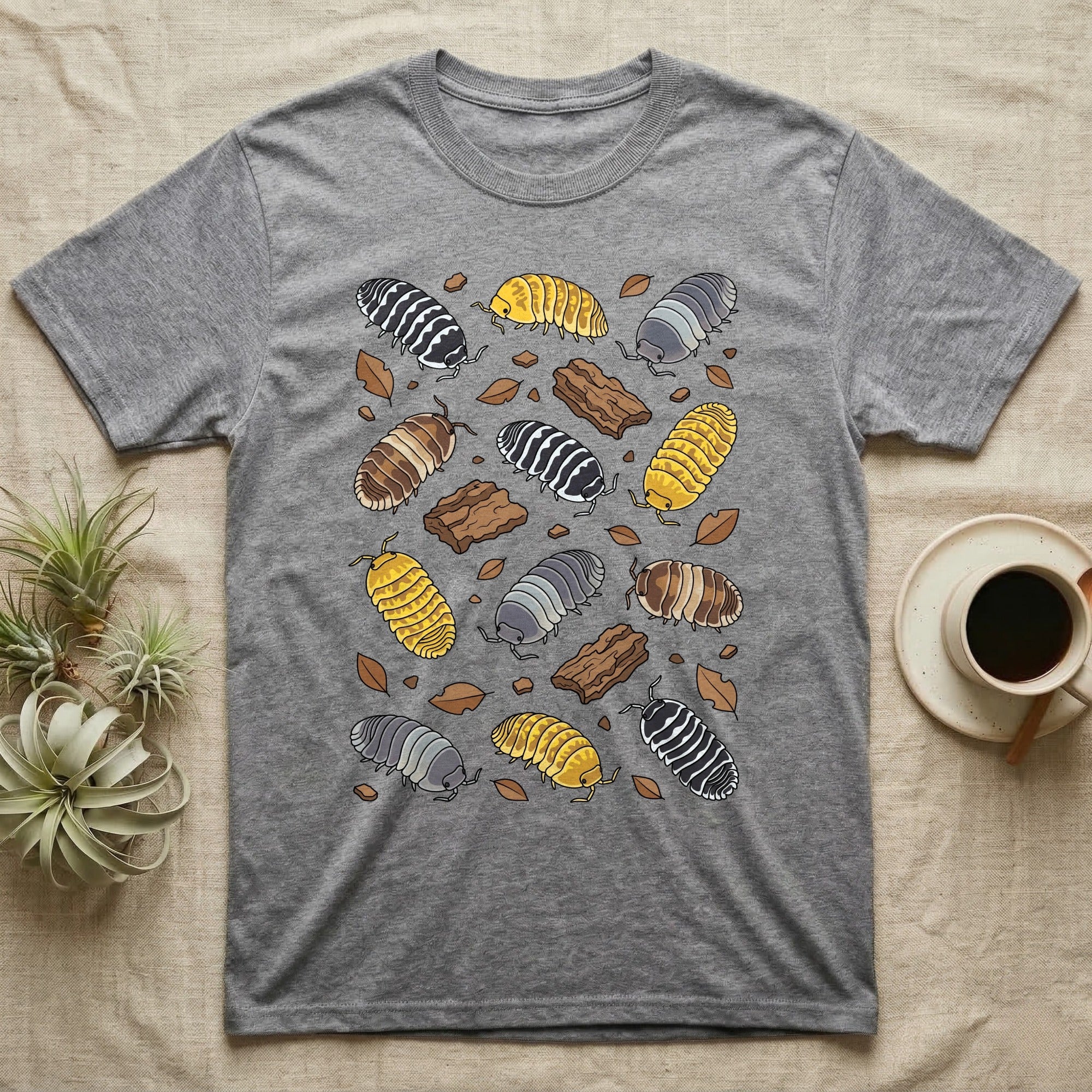 Cubaris Isopod Morphs T-Shirt in Sport Grey — Vector illustration of scattered Cubaris isopod morphs including Panda King, Jupiter, Cappuccino and Zebra on grey.