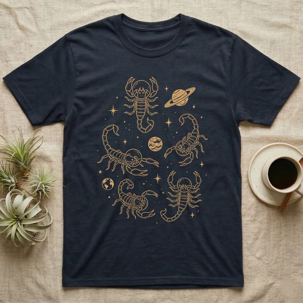 Scorpion Cosmic T-Shirt in Navy — Vintage screen-print illustration of scorpions in astronaut helmets floating in space, cosmic amber monochromatic on dark background.