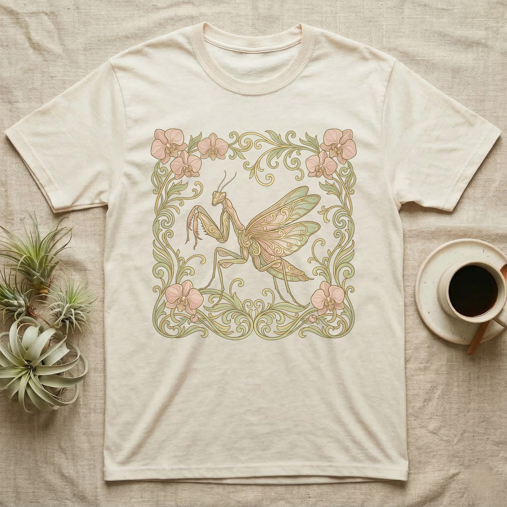 Cream t-shirt with a decorative praying mantis and floral art nouveau design.
