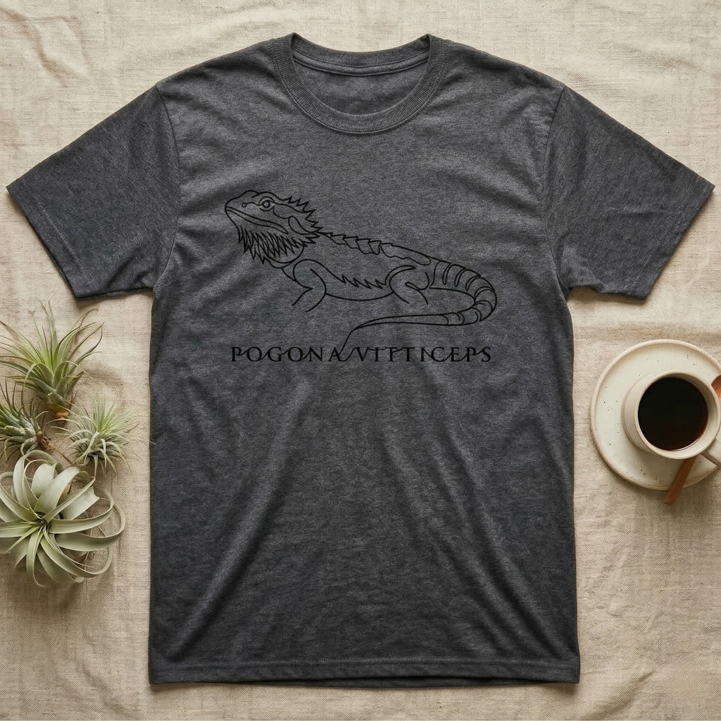 Dark grey t-shirt with a bearded dragon illustration and "POGONAVITICEPS" text.