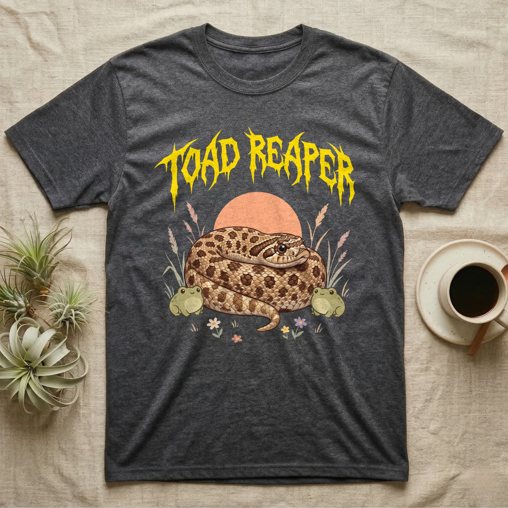 Hognose Toad Reaper T-Shirt in Dark Heather — Realistic western hognose coiled in a loaf between two cartoon toads under jagged yellow lettering: TOAD REAPER
