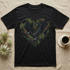 Black t-shirt with a heart-shaped design of a scorpion, ferns, and crystals.