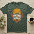 Chameleon Chill Vibes T-Shirt in Military Green — Engraved chameleon with patterned orange skin in a beanie and headphones, aviators reflecting a jungle canopy.