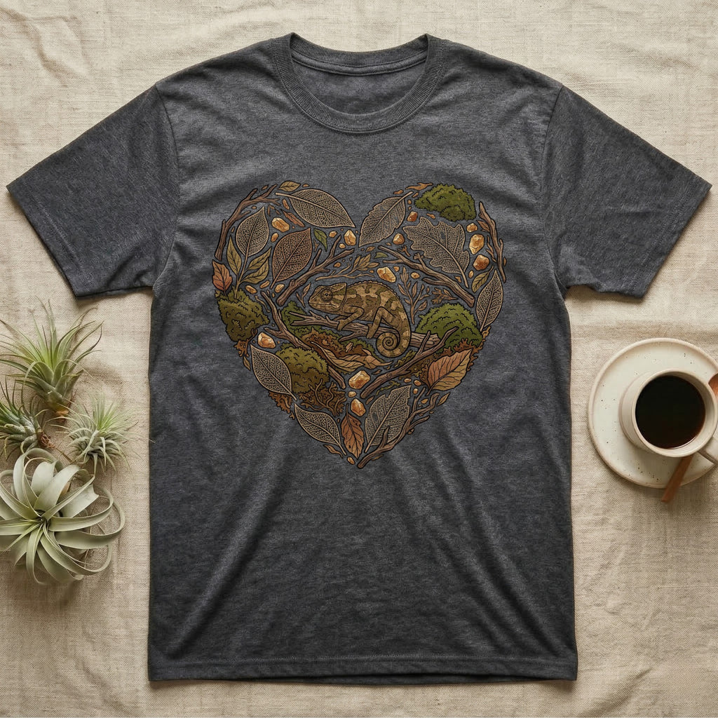 Dark grey t-shirt featuring a heart-shaped illustration of a chameleon amongst autumn leaves and acorns.