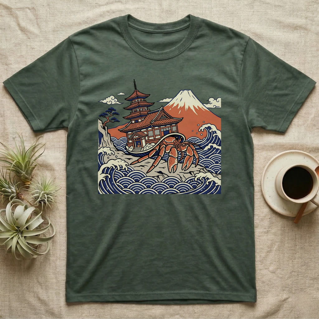 Green t-shirt with Japanese pagoda, wave, and Mount Fuji graphic.