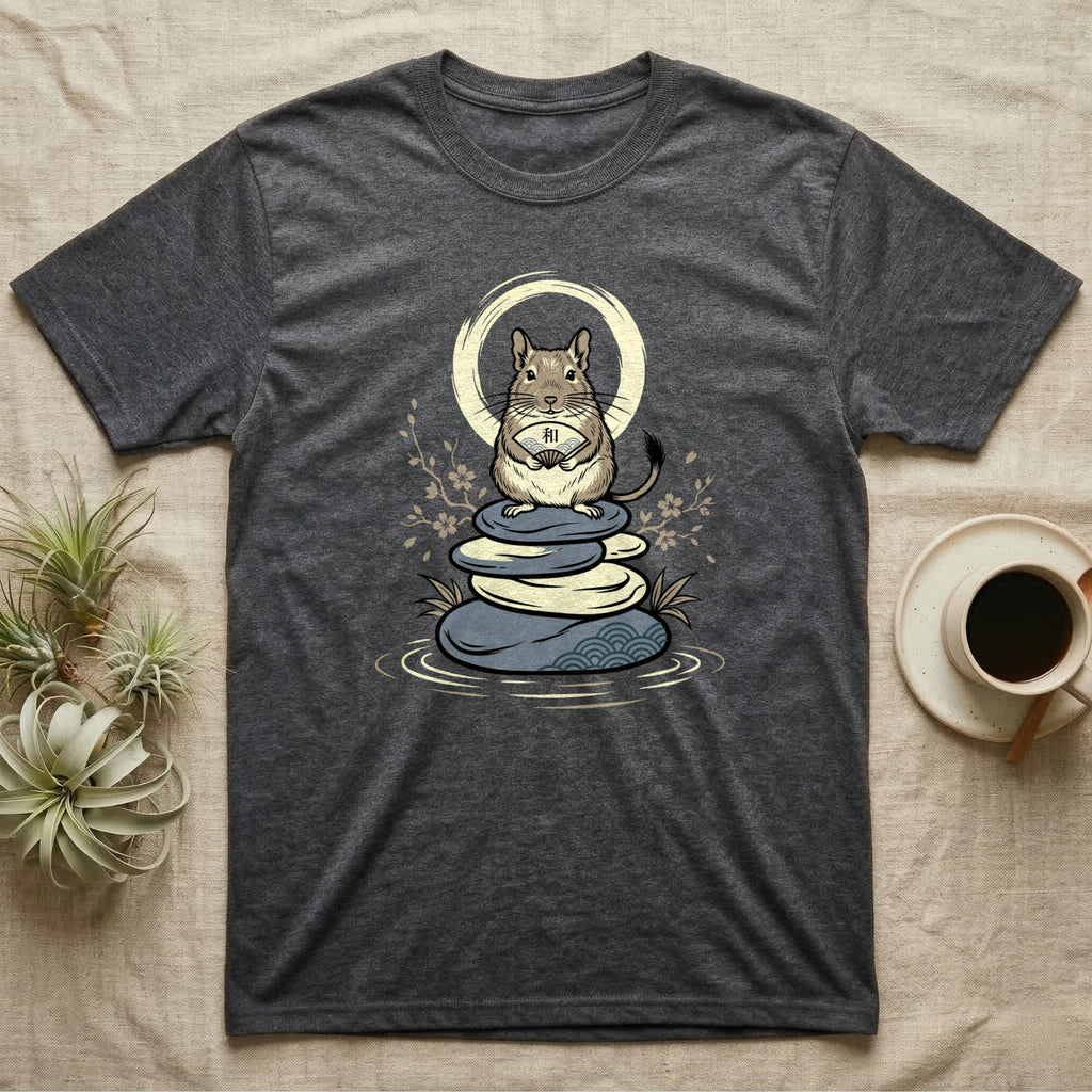 Dark grey t-shirt with a graphic of a rodent holding a fan on stacked stones.