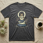 Dark grey t-shirt with a graphic of a rodent holding a fan on stacked stones.