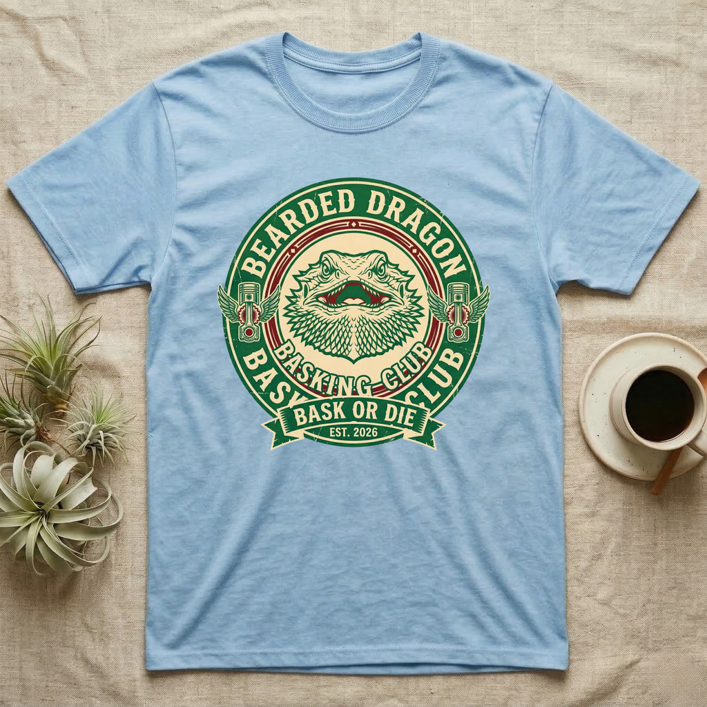 Light blue t-shirt with "Bearded Dragon Basking Club" and dragon graphic.