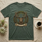 Green t-shirt with a deer head in a laurel wreath, bearing text "FORTIS ET LIBER".