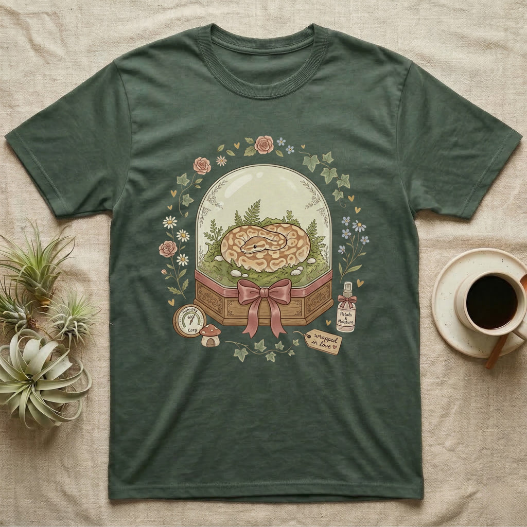 Green t-shirt with a coiled snake inside a glass dome, surrounded by flowers and plants.