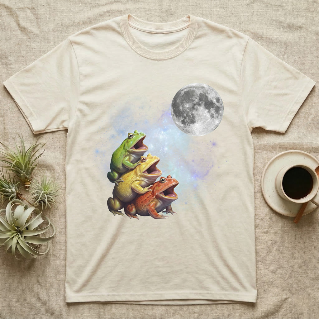 Pacman Frog Moon Howl T-Shirt in Natural — Three Pacman Frog colour morphs howling at a full moon over a nebula on a dark grey t-shirt.