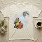 Pacman Frog Moon Howl T-Shirt in Natural — Three Pacman Frog colour morphs howling at a full moon over a nebula on a dark grey t-shirt.