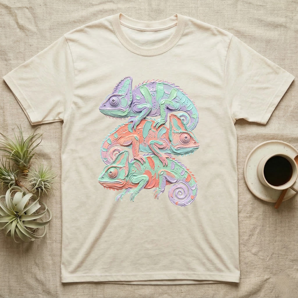 Cream t-shirt with a stacked pastel chameleon graphic.