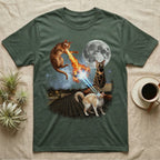 Cats breathing fire and laser beams on rooftop at night under a full moon.