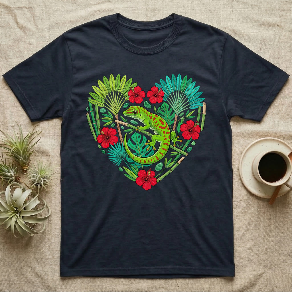 Dark t-shirt with green gecko and tropical leaves in a heart shape.