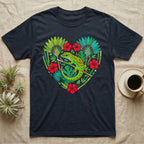 Dark t-shirt with green gecko and tropical leaves in a heart shape.