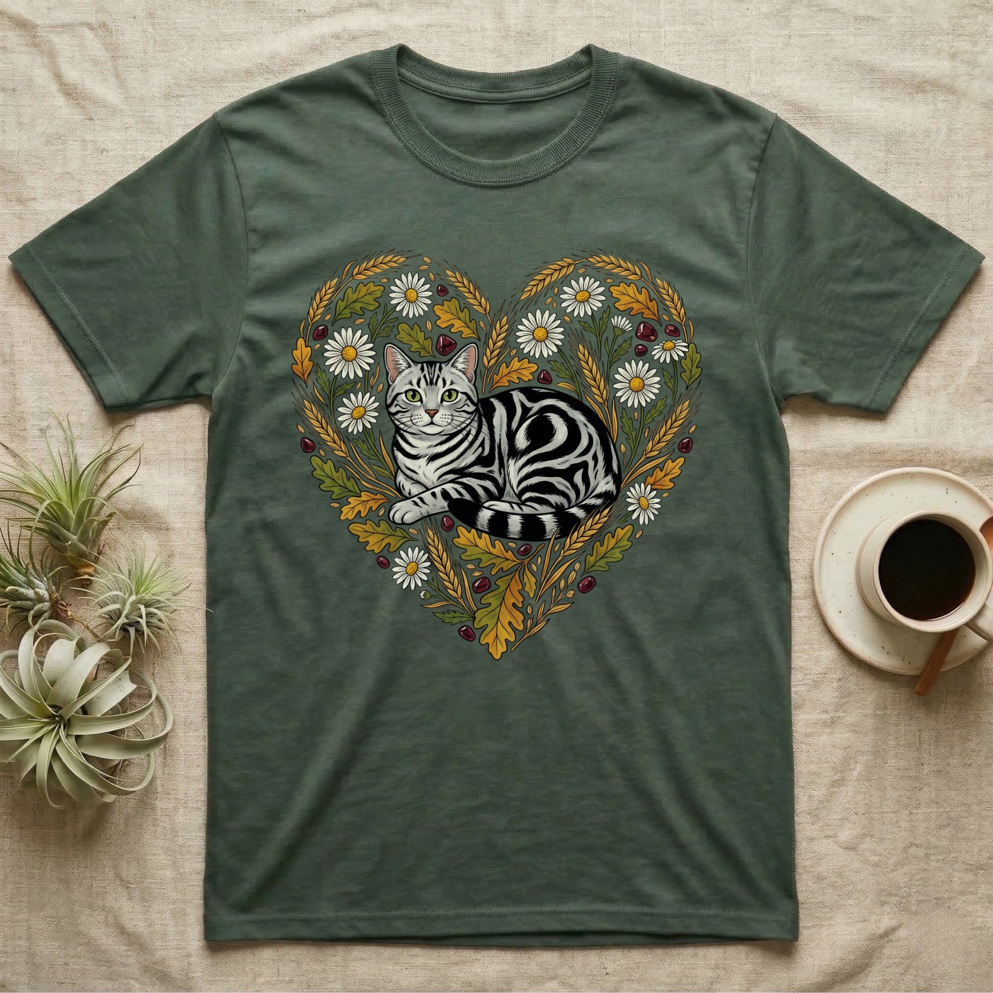 Green t-shirt with a stylized cat and floral heart design.