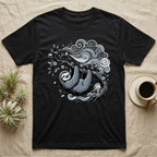 Black t-shirt with a stylized sloth hanging from a branch among clouds.