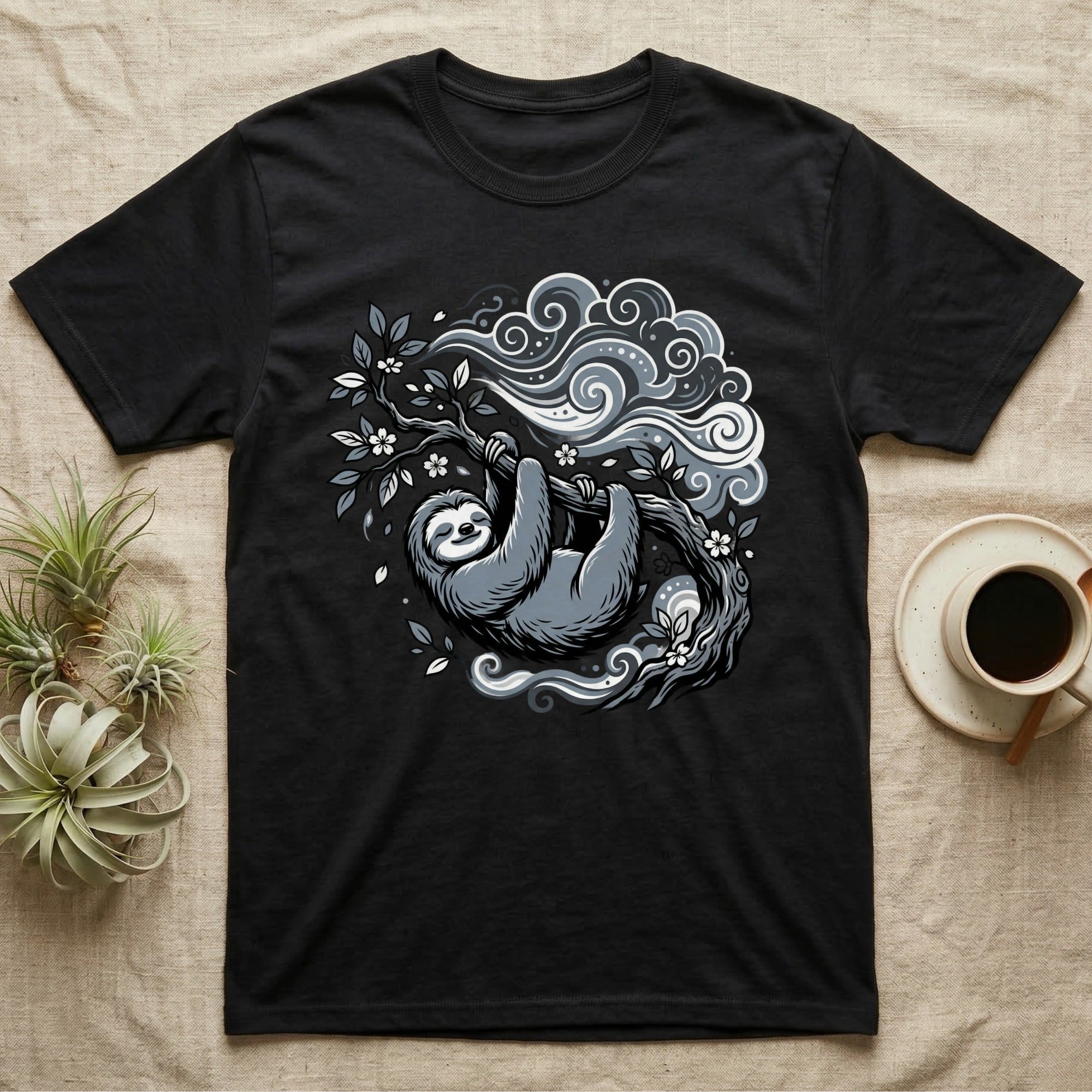 Black t-shirt with a stylized sloth hanging from a branch among clouds.