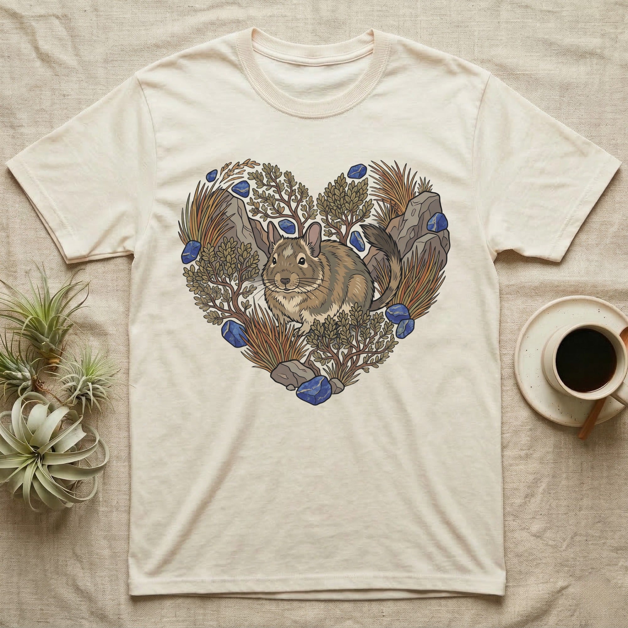 Cream t-shirt with a heart-shaped illustration of a chinchilla surrounded by plants and stones.