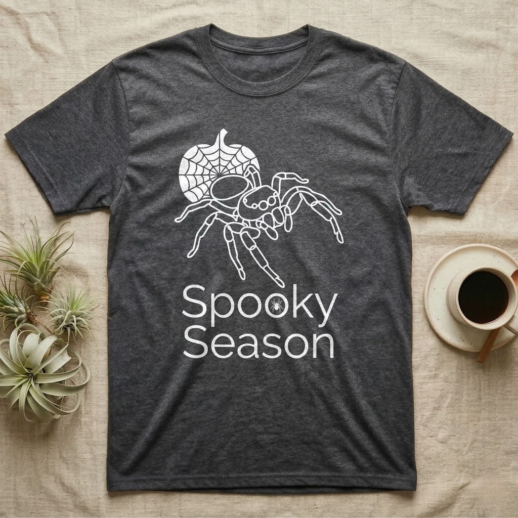 Jumping Spider Spooky Season T-Shirt in Dark Heather — Minimal continuous-line jumping spider over a spiderweb pumpkin, text "Spooky Season" with a spider in the O.