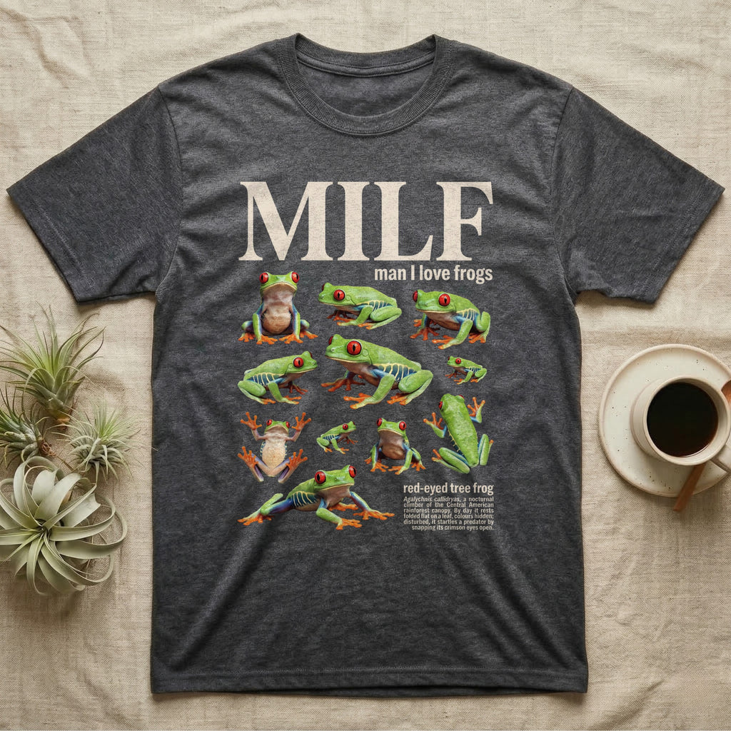Red-Eyed Tree Frog MILF T-Shirt in Dark Heather — Eight red-eyed tree frogs in a cut-out photo collage beneath the huge cream word MILF on grey.