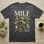 Red-Eyed Tree Frog MILF T-Shirt in Dark Heather — Eight red-eyed tree frogs in a cut-out photo collage beneath the huge cream word MILF on grey.