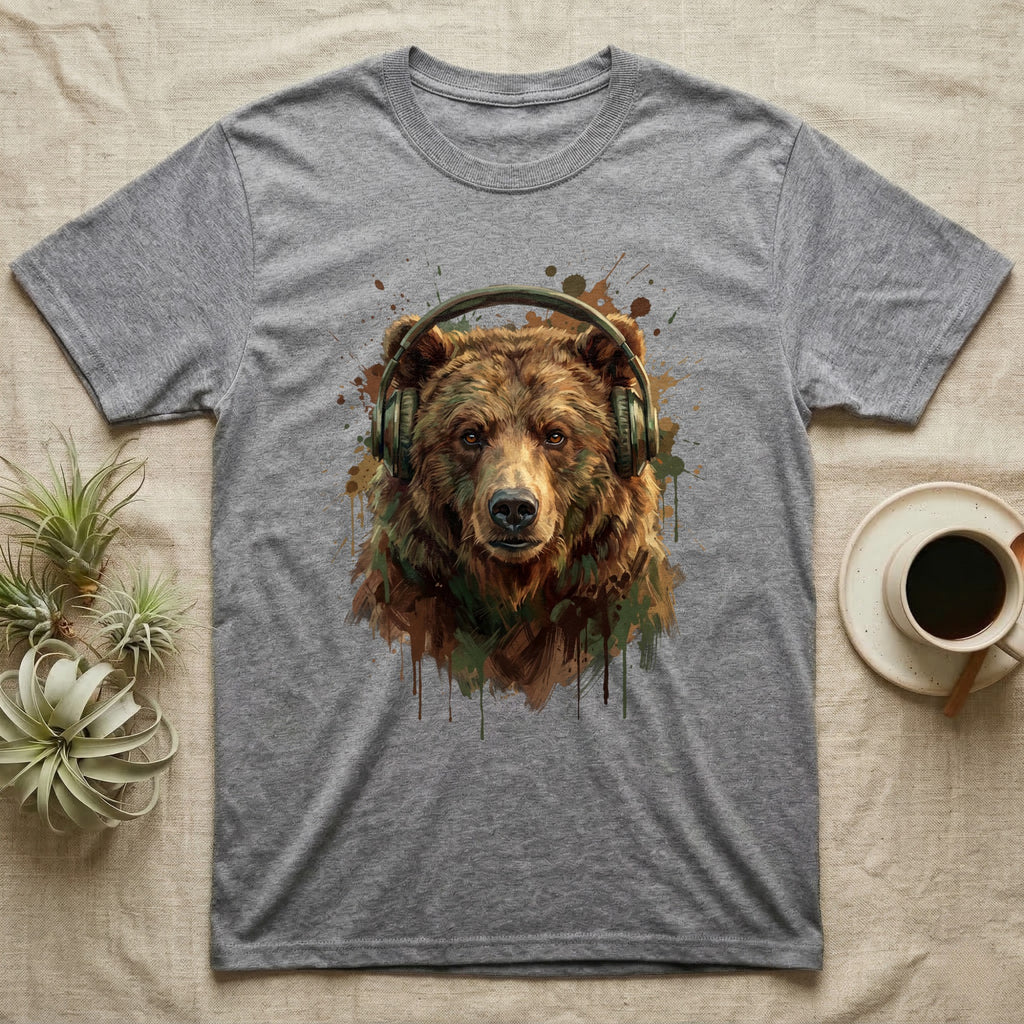 Bear wearing headphones, watercolor style, on a grey t-shirt.
