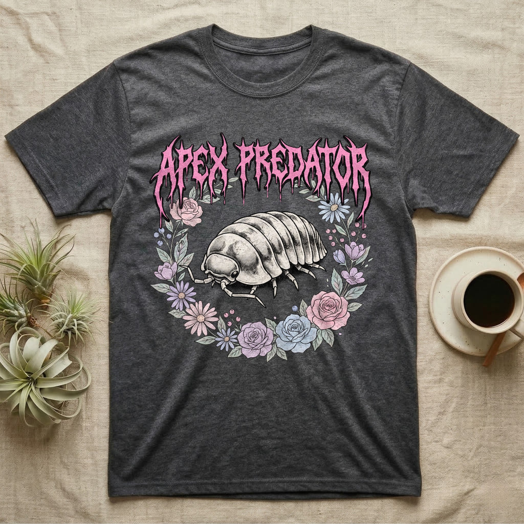 Apex Predator Isopod T-Shirt in Dark Heather — Bootleg design of a cute isopod in a floral wreath under dripping death-metal lettering reading "Apex Predator."