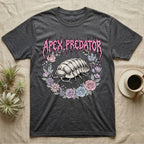 Apex Predator Isopod T-Shirt in Dark Heather — Bootleg design of a cute isopod in a floral wreath under dripping death-metal lettering reading "Apex Predator."