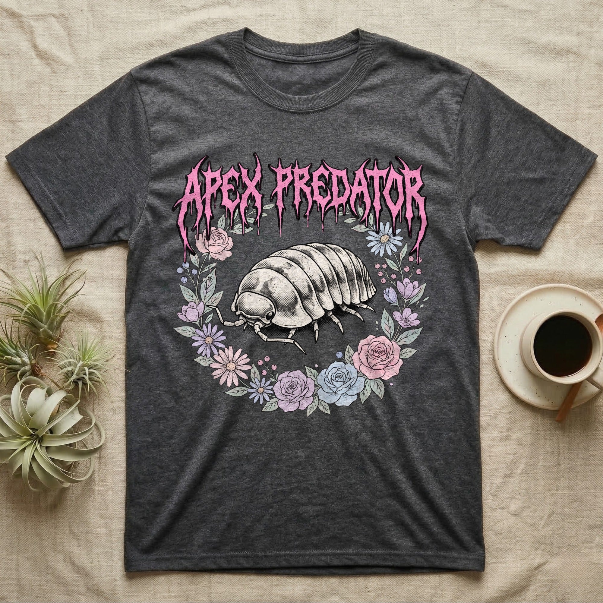 Apex Predator Isopod T-Shirt in Dark Heather — Bootleg design of a cute isopod in a floral wreath under dripping death-metal lettering reading "Apex Predator."