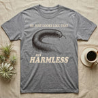Millipede He's Harmless T-Shirt in Sport Grey — Engraved giant African millipede between cream serif lines reading He Just Looks Like That and Harmless.