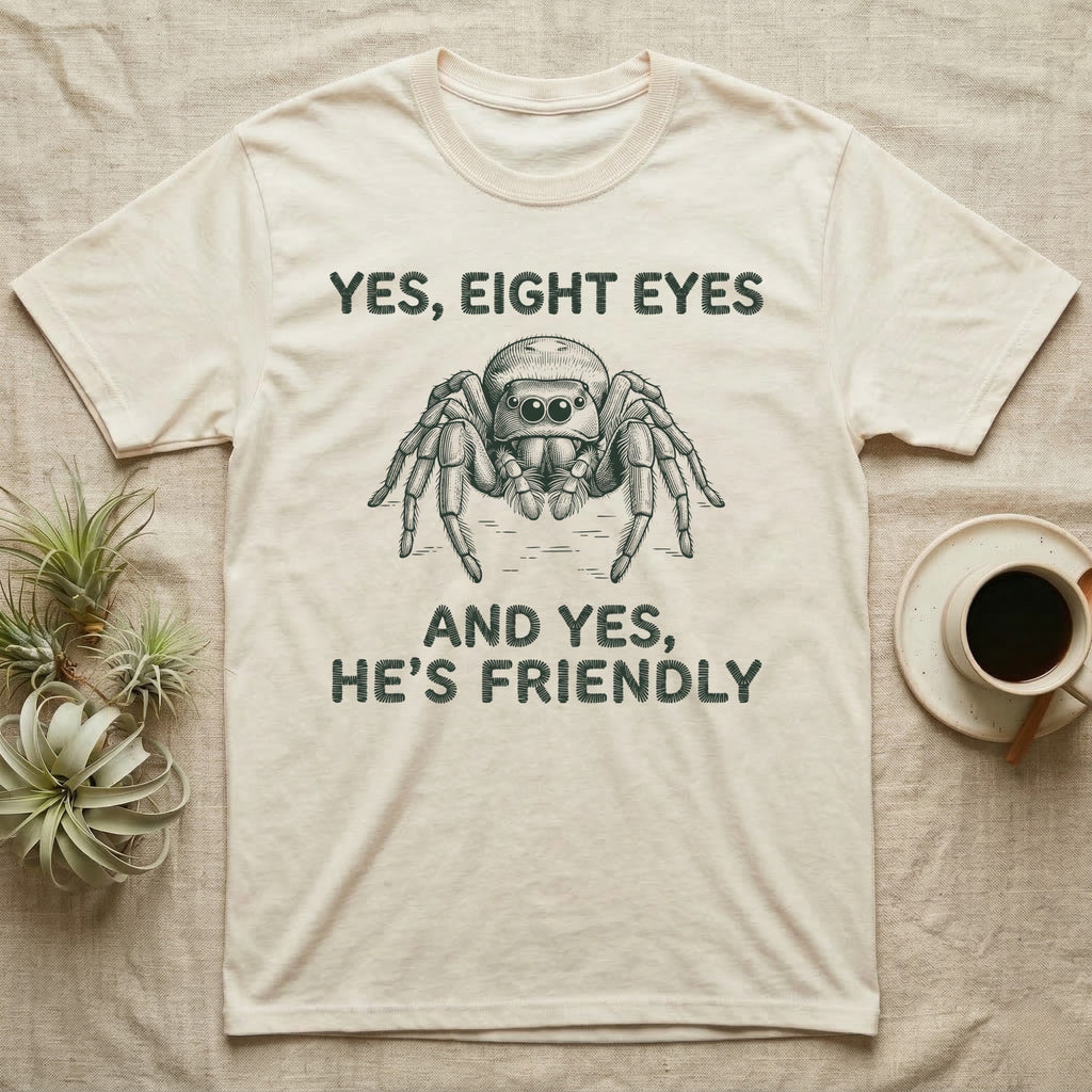Jumping Spider Eight Eyes T-Shirt in Natural — Engraved jumping spider head-on with large forward eyes, between stitch-look lettering on grey.
