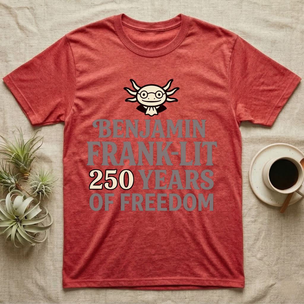 Axolotl Benjamin Franklin T-Shirt in Heather Red — Flat cream axolotl as Ben Franklin in glasses above bold text reading Benjamin Frank-Lit, 250 Years of Freedom.