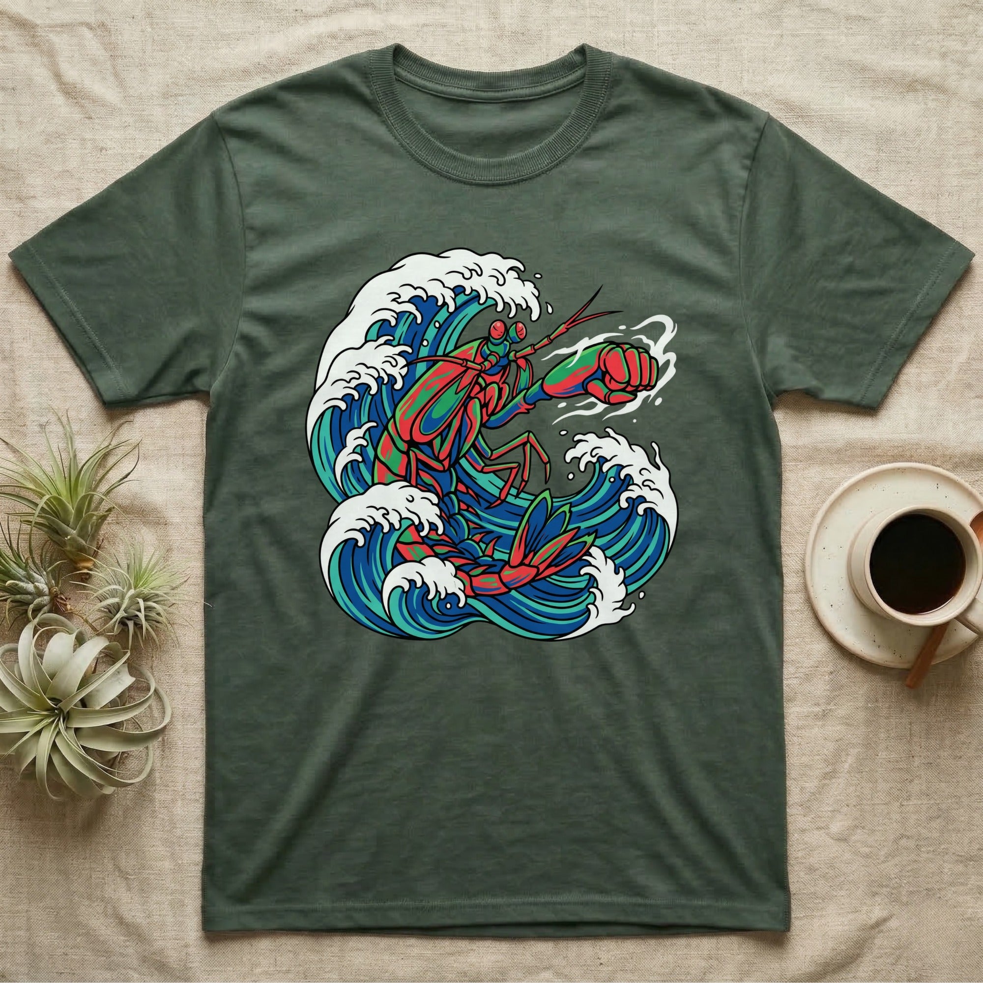 Green t-shirt featuring a colorful lobster in a crashing wave design.