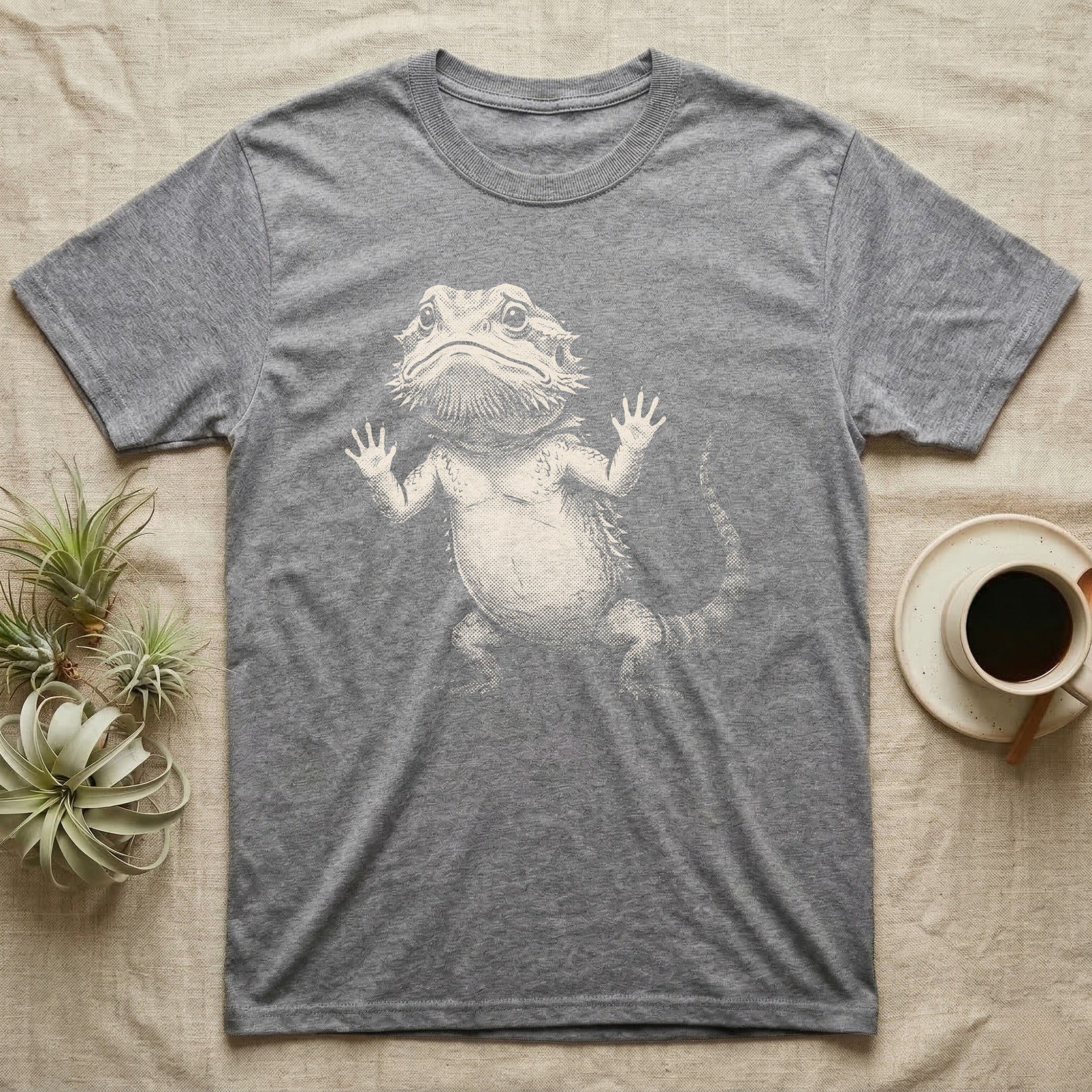 Begging Bearded Dragon T-Shirt in Sport Grey — Sad-meme halftone illustration of a bearded dragon standing upright with arms pressed to unseen glass, looking forlorn.