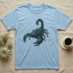 Glowing Emperor Scorpion T-Shirt in Light Blue — Bold flat illustration of an emperor scorpion traced with a glowing blacklight-teal UV rim on a grey background.