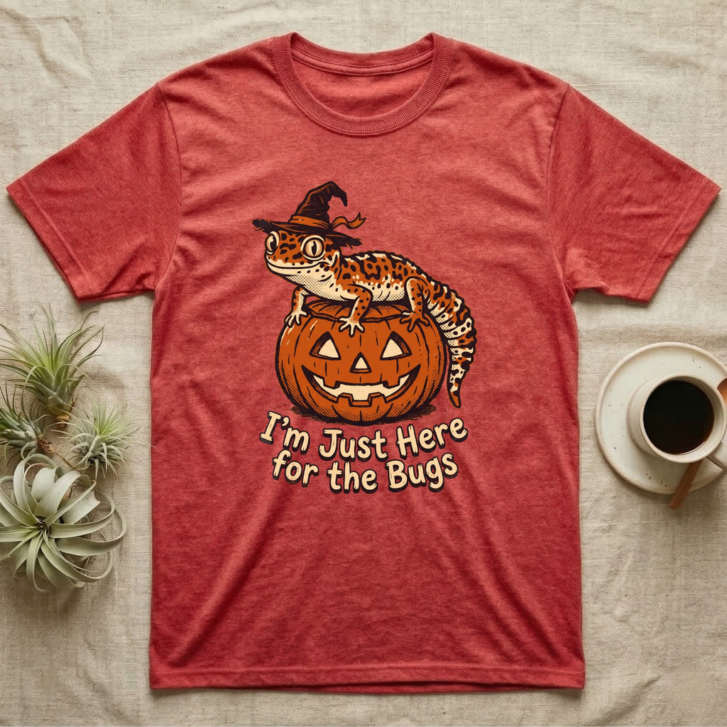 Leopard Gecko Here For Bugs T-Shirt in Heather Red — Vintage cartoon leopard gecko in a witch hat on a jack-o'-lantern, "I'm Just Here for the Bugs."
