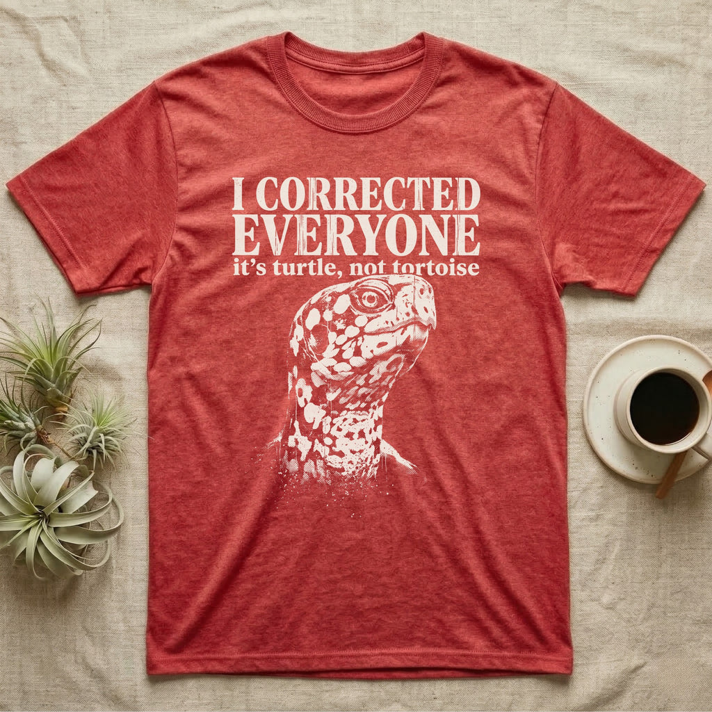 Box Turtle I Was Marinating T-Shirt in Heather Red — One-ink white eastern box turtle portrait on black, blotched head and neck, under the words I WAS MARINATING and it's called a soak.