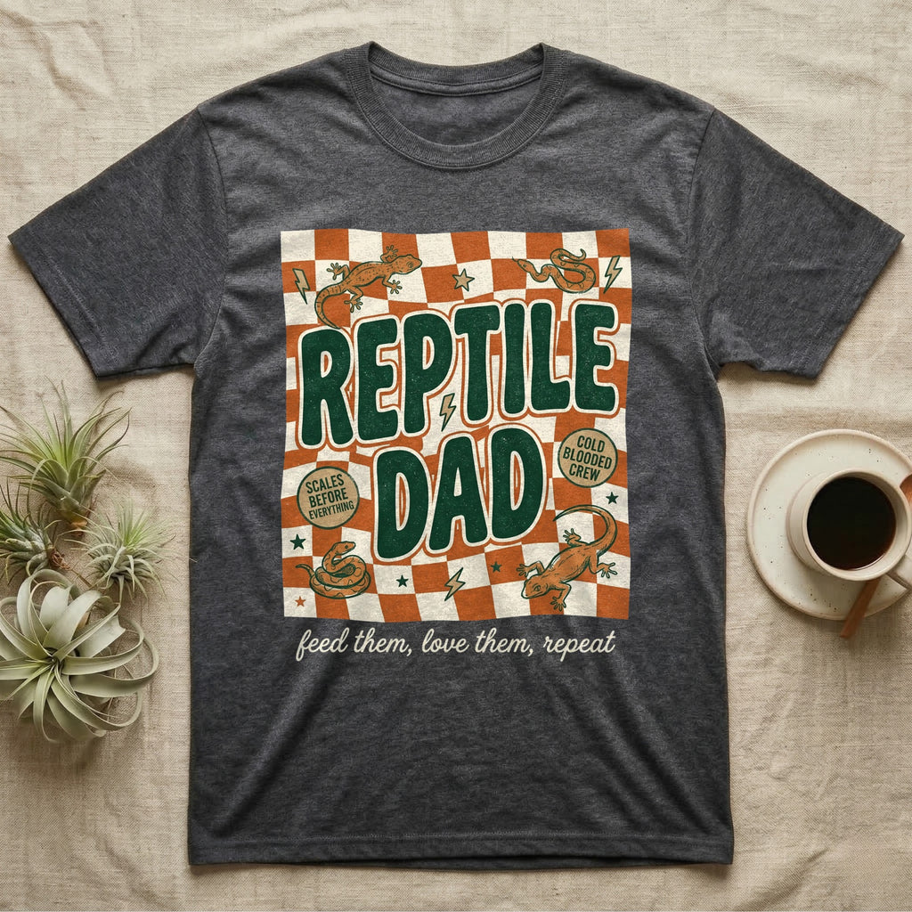Dark gray t-shirt with "Reptile Dad" and reptile graphics.