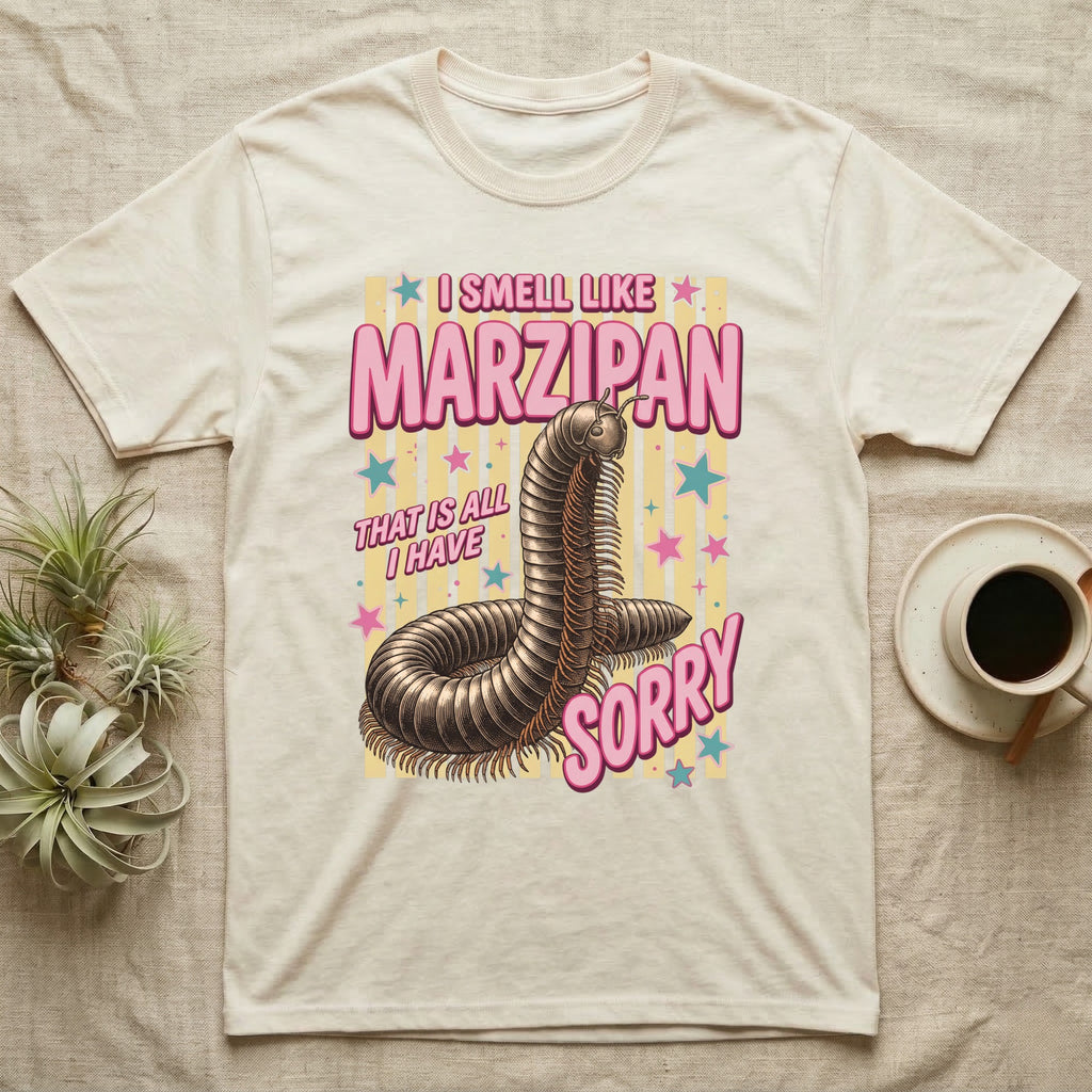 Millipede Almond Defence T-Shirt in Natural — Engraved giant African millipede coiled upright under fat pink club lettering reading ALMOND DEFENCE on yellow stripes.